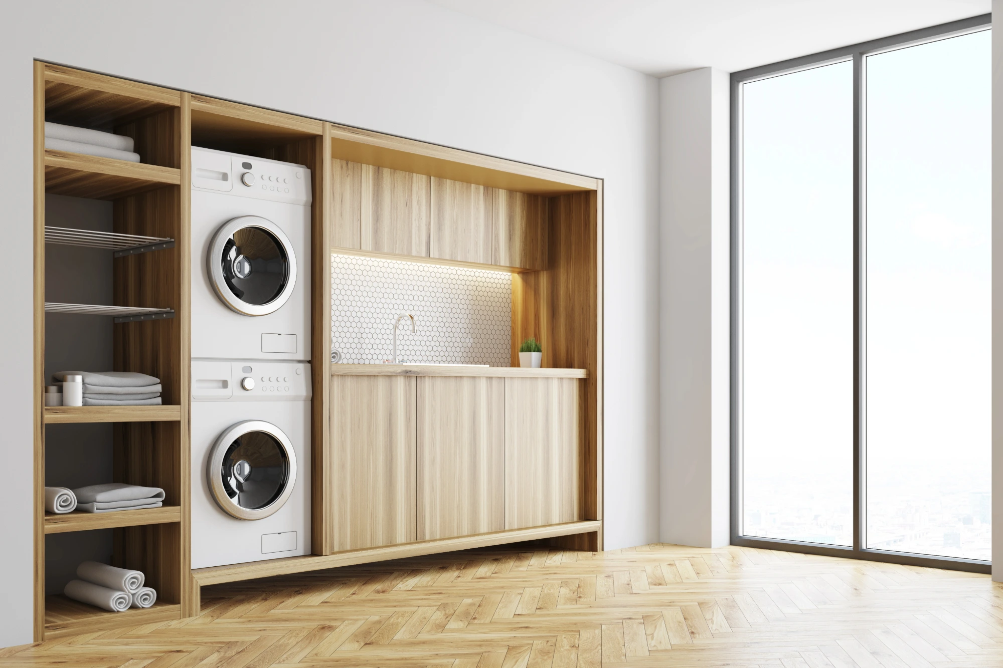 A minimalist utility room with neutral colours and integrated washer and dryer.
