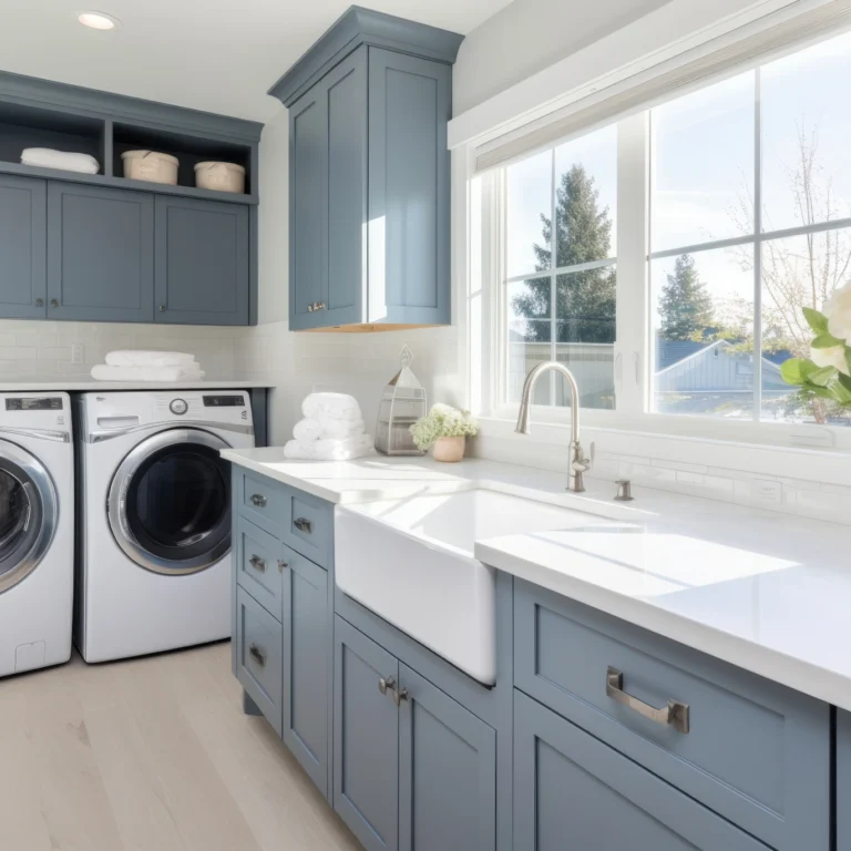 A large utility room with pale blue cabinetry.