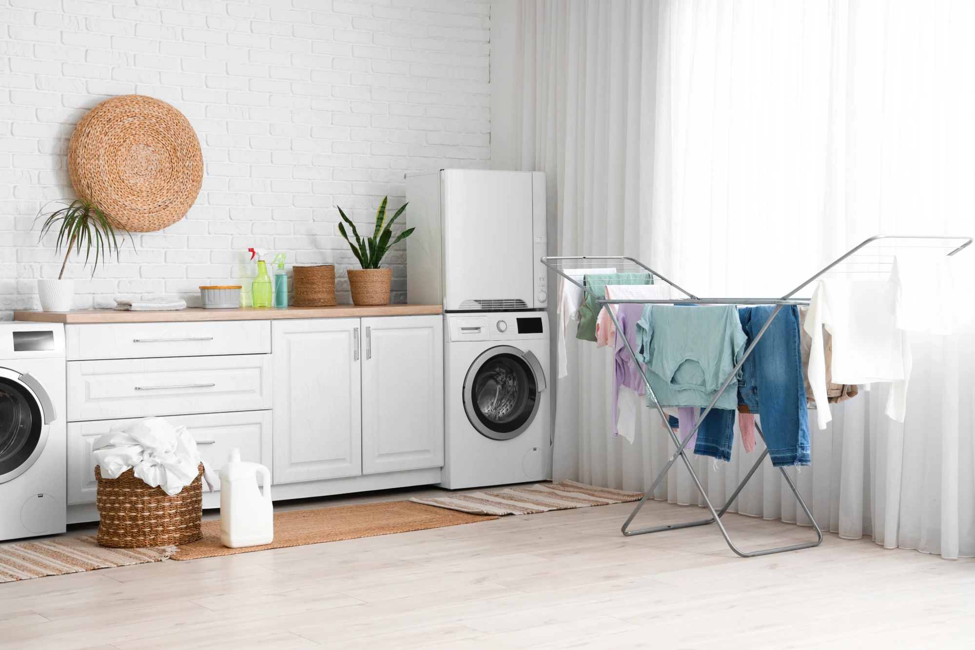 A white utility room with sparce wicker decoration.